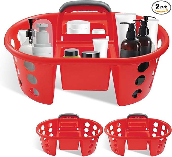 Large Shower Caddy Portable 2PC - Made in USA Plastic Jumbo Size Dorm Storage Candy Tote with Handle Shower Organizer for Bathroom, Pantry, Kitchen, College Dorm, Red