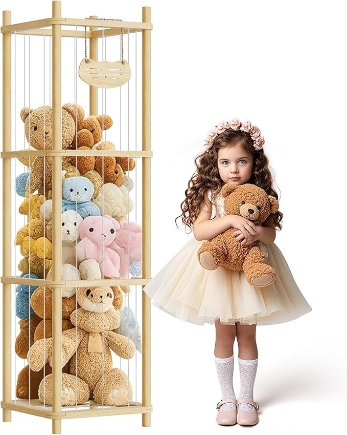 Stuffed Animal Storage , Wooden Stuffed Animal Storage with High Elastic Rope, Large Stuffed Animal Zoo for Nursery Playroom Bedroom (log color)