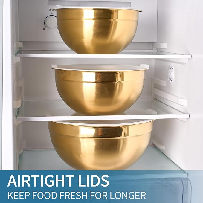 Gold Mixing Bowls With Airtight Lids,Stainless Steel Bowl,Salad Bowls 5 Piece Colorful Nesting Bowl Gold Kitchen Accessories,Size 5.5,3.6,2.7,2.1,1.5QT Stackable Design