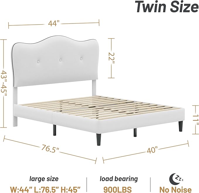 Twin Size Bed Frame, Upholstered Bed Frame with Headboard, Platform Bed Frame with Wood Slats Support, No Box Spring Needed, Adjustable Height Headboard, White