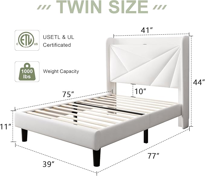 Feonase Twin Bed Frames, Upholstered Bed Frame with Charging Station, Wingback Storage Headboard, No Box Spring Needed, Noise-Free, White