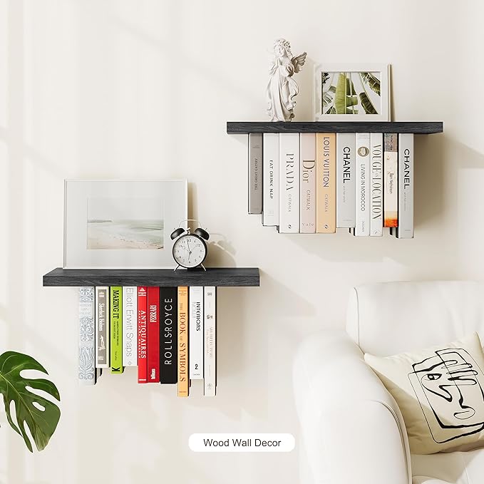 Floating Bookshelves for Wall, Rustic Wood Hanging Wall Bookshelf, Upside Down Book Shelf and Wall Mounted Bookshelves for Home Decor in Bedroom, Living Room, Black 2 Pack