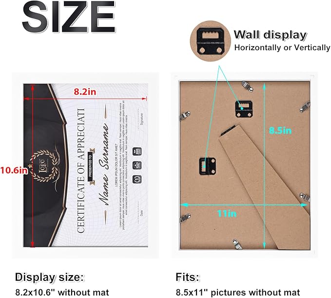 KINLINK 8.5x11 Picture Frames White, Solid Wood Diploma Frames with Acrylic Plexiglass for Pictures, Certificate Degree Document Frame Tabletop and Wall Display, Set of 4