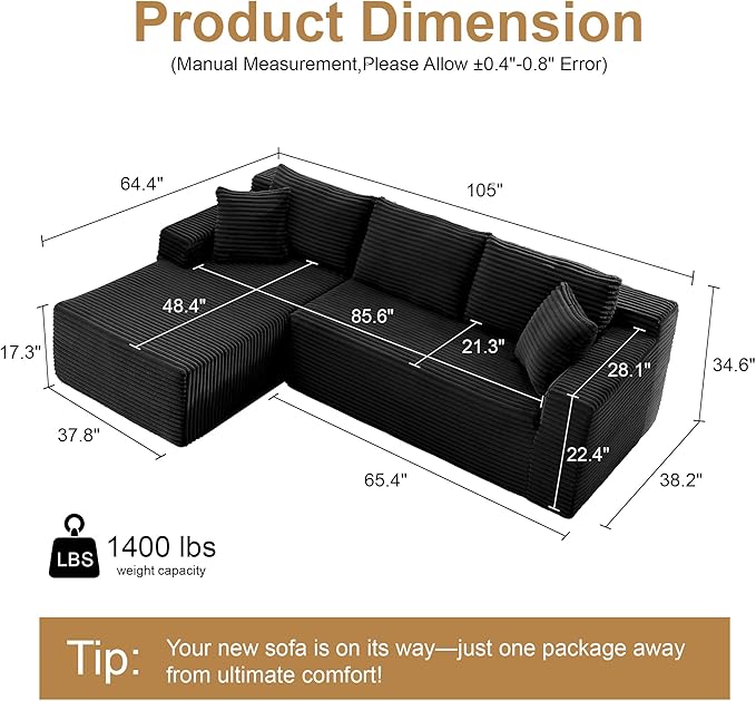 105''Sectional Cloud Couch with L Shaped Chaise,Modern Modular Sectional Sofa,Comfy Sectional Couches for Living Room,Bedroom,Apartment (Black, Left Facing Chaise)
