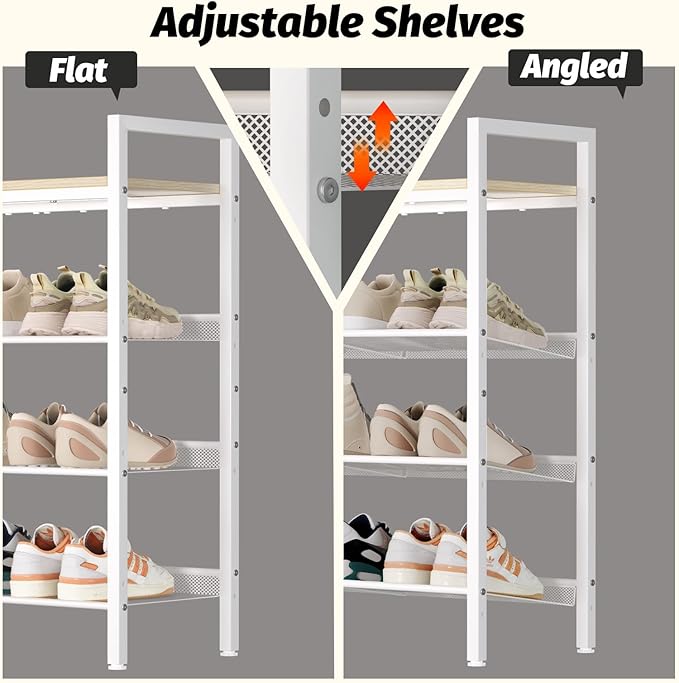 Shoe Rack for Front Door Entrance, 4 Tier Shoe Rack for Entryway, 12-16 Pairs of Shoes, Metal Shoe Racks Organizer, Free Standing Shoe Racks for Closet, Garage, Outdoor (White+Beige)