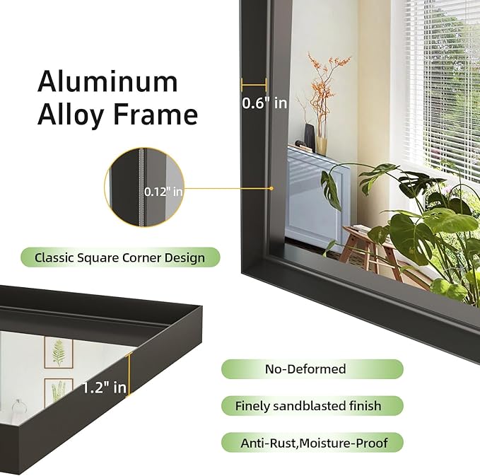 48”x 30” Black Bathroom Mirrors for Over Sink,Large Wall Mounted Rectangular Mirror, Metal Framed, Tempered Glass, Black Bathroom Vanity Mirror, Horizontal/Vertical