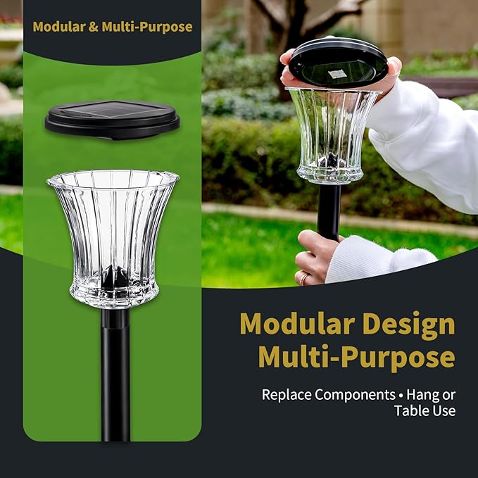 Glass Solar Pathway Lights Outdoor Waterproof, Decor Landscape Lighting with Modular Design, 3000K LED, Auto On/Off Solar Stake Light for Yard Garden Driveway Walkway Lawn, Warm White (3 Pack)