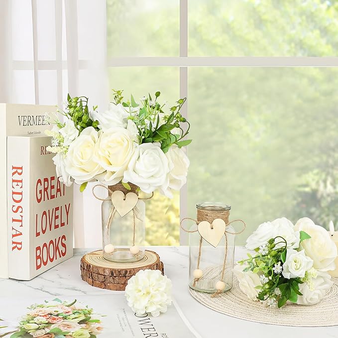 Vintage Glass Vases for Flowers, Set of 6 Mason Jar Vase Table Centerpieces for Farmhouse Room Decor, Wedding, Bridal Shower Bud Vase Set (Medium)