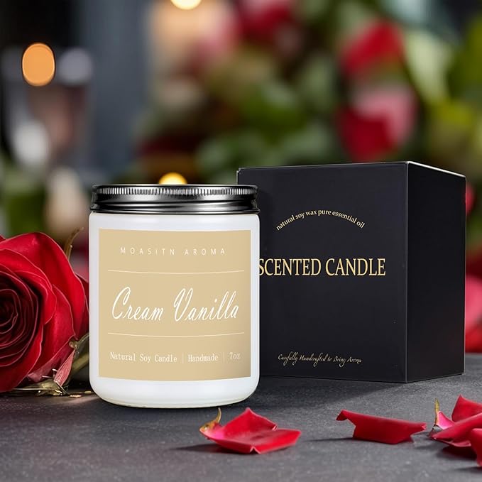 MOASITN Cream Vanilla Highly Scented Candles for Home| Natural Soy Aromatherapy Candle| Handmade Long Lasting Jar Candle| Candel Gift for Women,Men as Summer,Birthday,Housewarming,Relaxing Gifts| 7oz