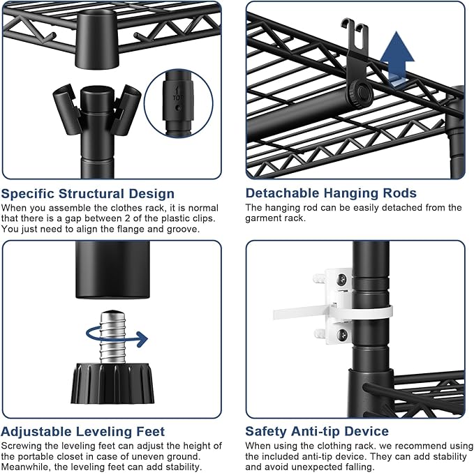 Ulif E12 Clothes Rack,Heavy Duty Freestanding Garment Rack with Shelves,Metal Clothing Closet Storage System for Hanging Clothes,71" W x 16" D x 76.5" H, Hold 960 lbs,Black