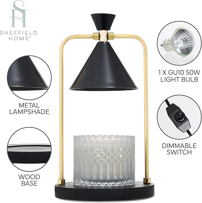 Sheffield Home Glass Candle Warmer Lamp – Elegant Candle Warmer for Long-Lasting Fragrance, Sleek Design, 12x7, Black Iron Candle