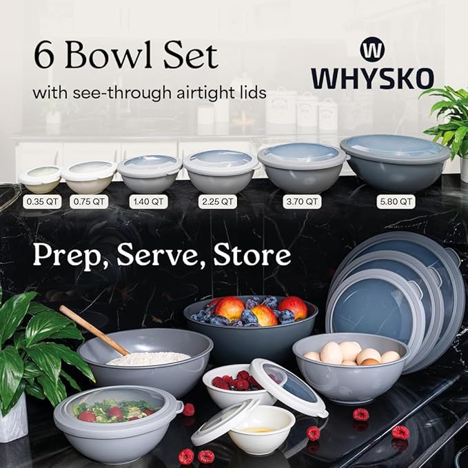 WHYSKO Mixing Bowl Set, 12 Piece Colorful Plastic Mixing Bowls with Lids Set for Food Prep Storage and Serving, Microwave and Dishwasher Safe for Kitchen Baking Cooking