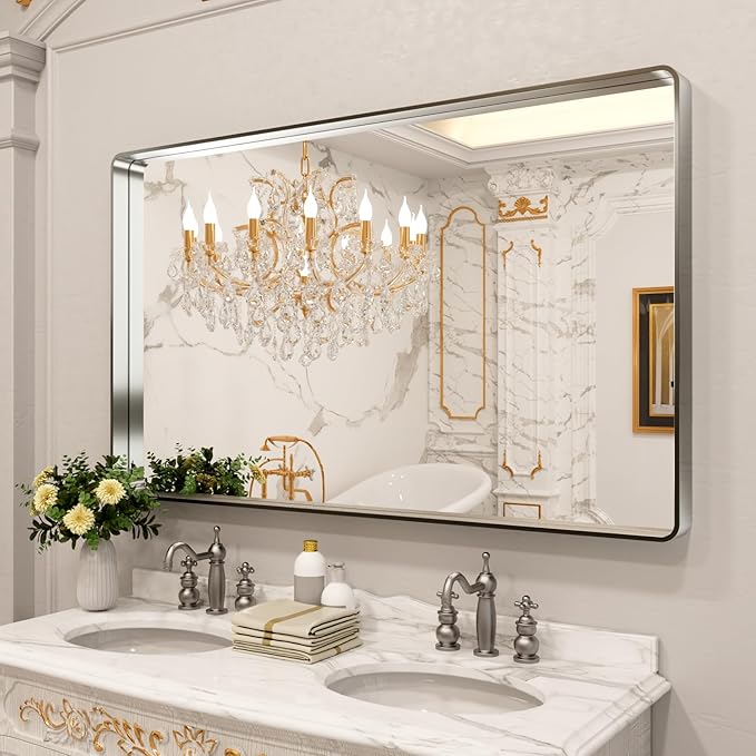 LOAAO 60X28 Inch Brushed Nickel Bathroom Mirror, Rounded Rectangle Silver Metal Frame Mirror, Brushed Nickel, Anti-Rust, Shatter Proof, Hangs Horizontally or Vertically