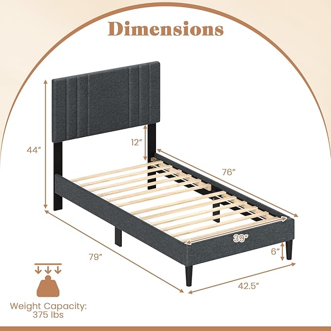 Giantex Twin Bed Frames with Headboard, Modern Upholstered Platform Bed Frame with Vertical Channel Tufted Headboard, Wooden Slats Support, No Box Spring Needed, Gray