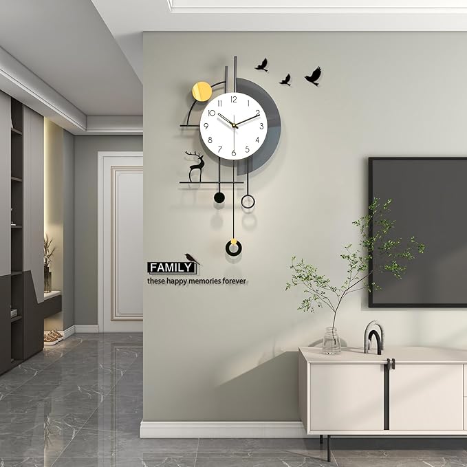 FLEBLE Large Wall Clock for Living Room Decorative Wall Clock Silent Non-Ticking Battery Operated Metal Black Deer Home Decor for Farmhouse Kitchen Bedroom Office and Dinning Room, 14.1x28.3inch