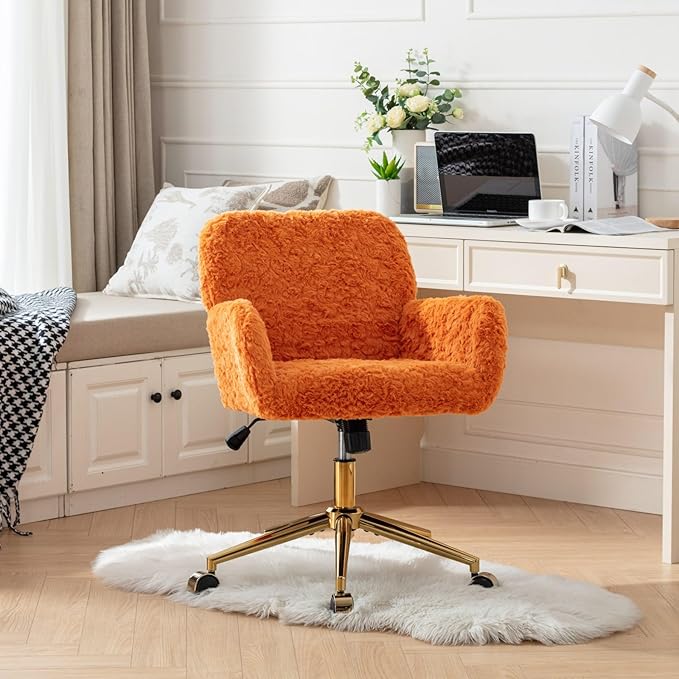 Goujxcy Faux Fur Home Office Chair, Upholstered Elegant Makeup Vanity Chair for Teen Girls Teddy Fabric Swivel Desk Chair, Height Adjustable Leisure Elegant Chair for Home Office (Orange)
