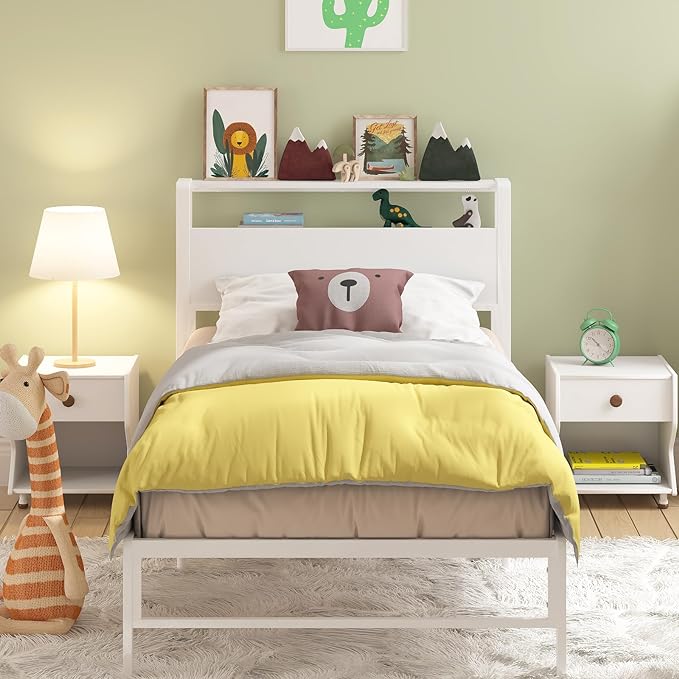 Weehom Twin Bed Frames for Kids, Twin Size Bed with 2 Tiers Wood Shelves Headboard No Box Spring Needed Easy Assembly Heavy Duty Metal Plaform, White
