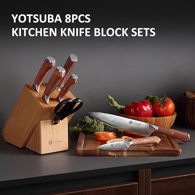 YOTSUBA 8PCS Kitchen Knife Set with Scissors & Sharpener, Ultra Sharp High Carbon Stainless Steel Kitchen Utensils Set with Elegant Rosewood Handle Ergonomic Design, Natural Acacia Block with Gift Box