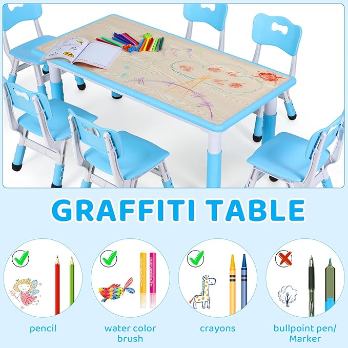 Arlopu Kids Table and 6 Chairs Set, Height Adjustable Graffiti Desk, Preschool Activity Art Craft Table, for Daycare Classroom Home Boys and Girls Age 3-12 (Blue)
