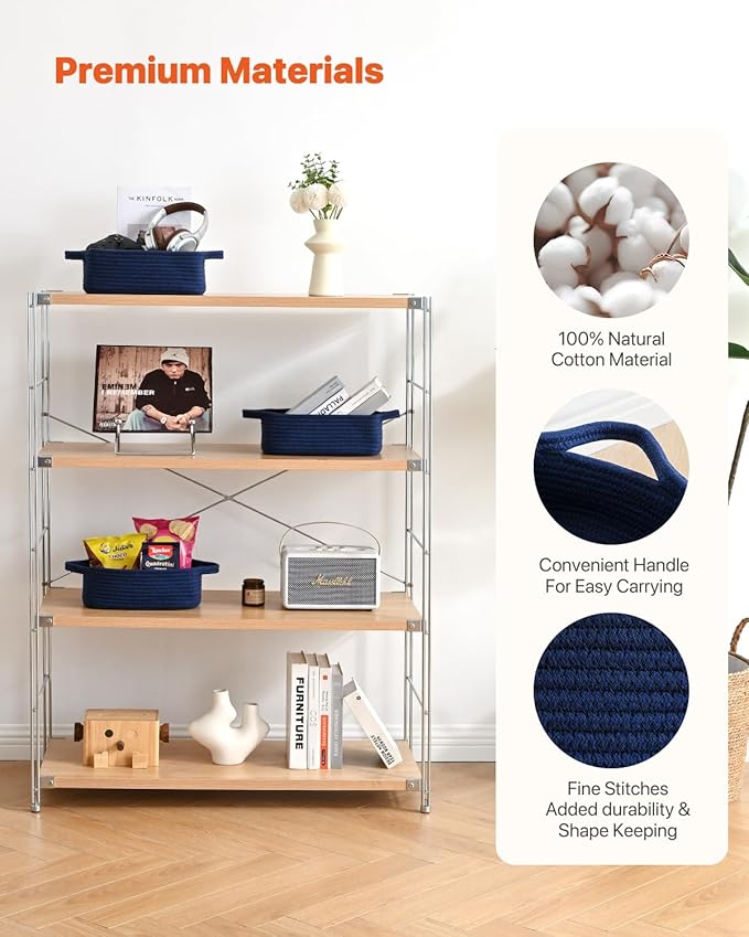 KALLAX Small Woven Basket, 12 x 8 x 4.5 Inches, Small Storage Baskets for Organizing, Gift Baskets Empty, Cute Rope Shelf Closet Storage Bins for Shelves, Dog Toy Basket, 3 Packs, Navy Blue