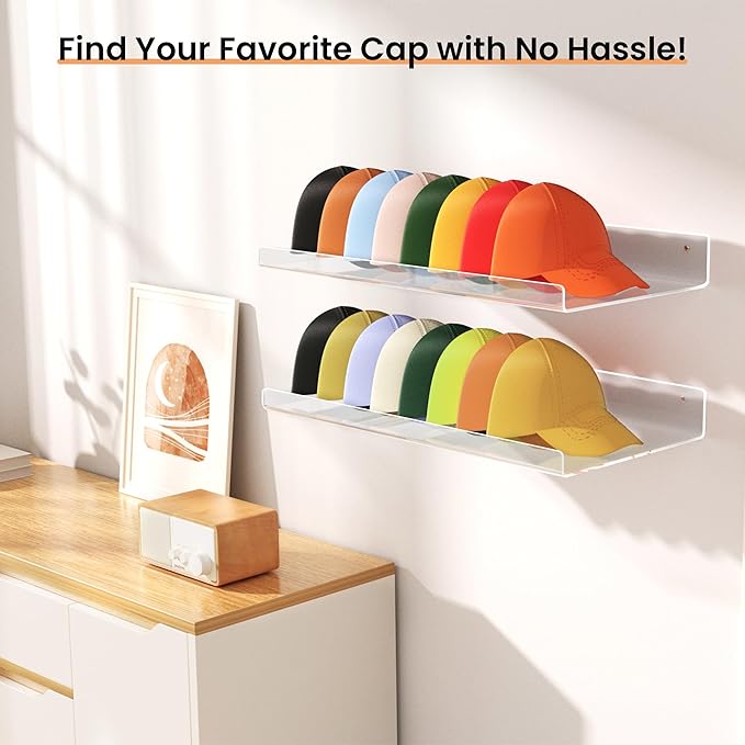 upsimples 2-Pack Acrylic Floating Hat Shelves, Wall-Mounted Hat Holder Fits up to 40 Hats - Hat Organizer for Baseball Cap Storage in Closet, Bedroom, Entryway, and Laundry Room