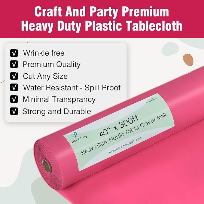 Craft And Party Fuchsia Plastic Table Cover Roll, 40Inch X 300Feet Disposable Plastic Tablecloth, Banquet Rectangle Tablecover Roll