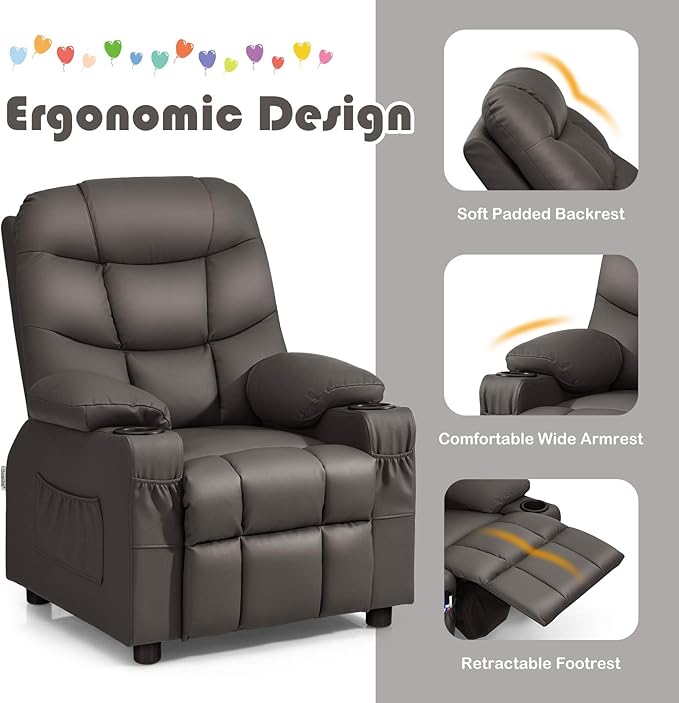 GLACER Kids Recliner Chair w/Cup Holder & Side Pockets, Children Recliner w/Comfortable Backrest, Armrests & Footrest, Toddler PU Leather Recliner for Boys Girls, 3+ Age Group (Brown)