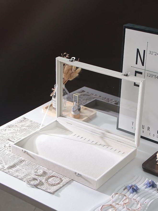 Coward 20 Hooks Necklace Organizer Jewelry Box, Dustproof Necklace Display Holder Case, Beige Velvet Necklace Display Tray Case with Transparent Glass Lid for Women Girls