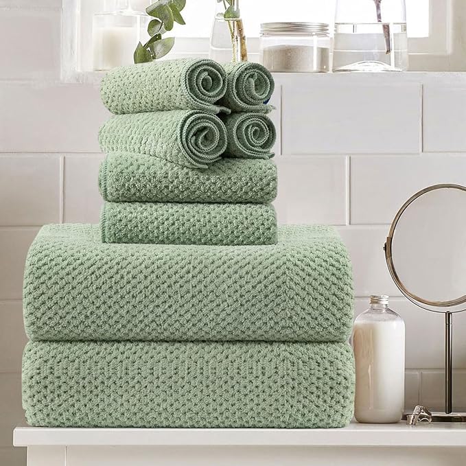 8 Piece Green Family Bath Towel Set-2 Oversized Bath Towel Sheets,2 Hand Towels,4 Washcloths-600GSM Soft Highly Absorbent Quick Dry Beach Chair Towels Woven Towels for Bathroom Hotel and Spa