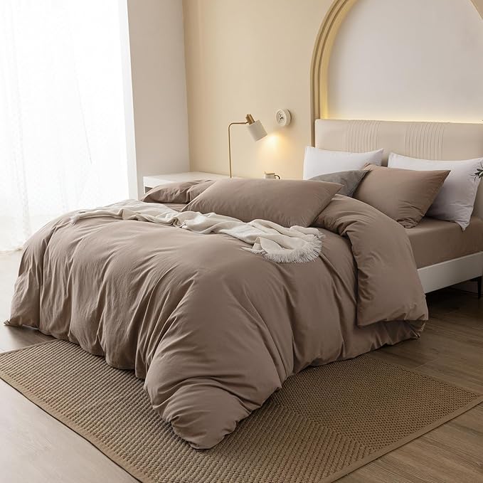 JIYUAN 100% Washed Cotton Duvet Cover Set 3 Pieces Super Queen, 1 Duvet Cover 90x98 Inches(Comforter Not Included) and 2 Pillowcases,Linen Feel Bedding Set Comfy and Breathable,Light Brown