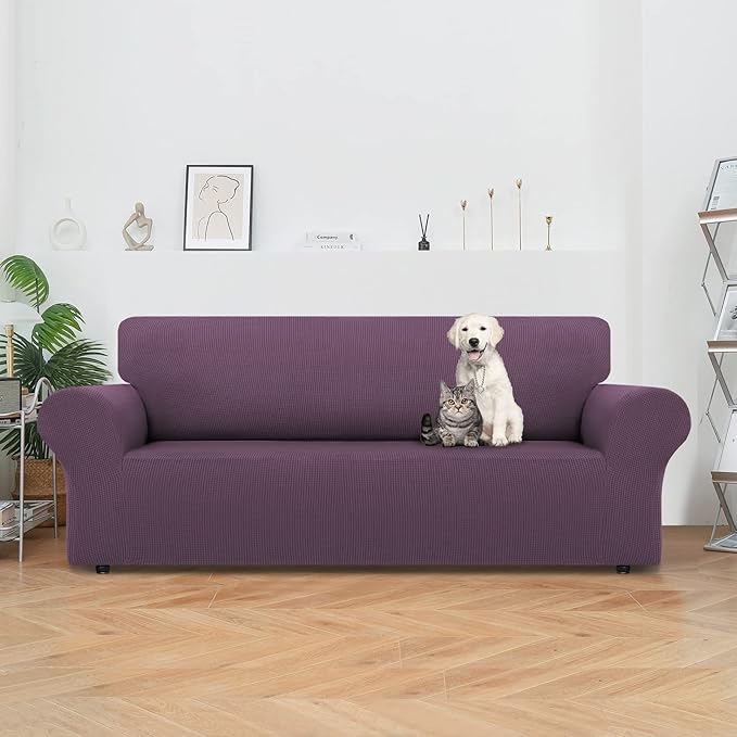 LURKA Stretch Sofa Slipcovers 1 Piece Couch Covers for 3 Cushion Couch Sofa Furniture Protector Full Sofa Covers with Elastic Bottom for Kids and Dog (Large, Purple)