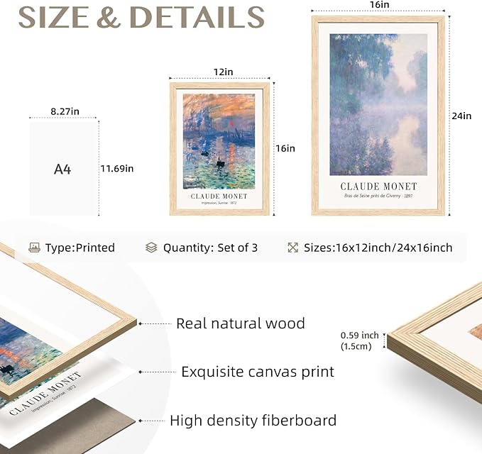 Cyebmo Vintage Botanical Wall Art Set of 3, Claude Monet Water Lilies Art Prints, Impression Sunrise Water Lilies Seine River Poster Prints for Living Room Bedroom Bathroom Wood Framed 16"x24"x3