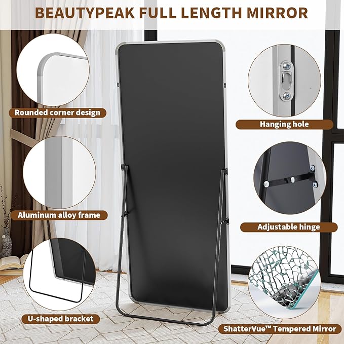 BEAUTYPEAK Silver Full Length Mirror, 56"x21" Rounded Corner Floor Mirror Standing Hanging or Leaning Against Wall, Suitable for Bedroom or Dressing Room