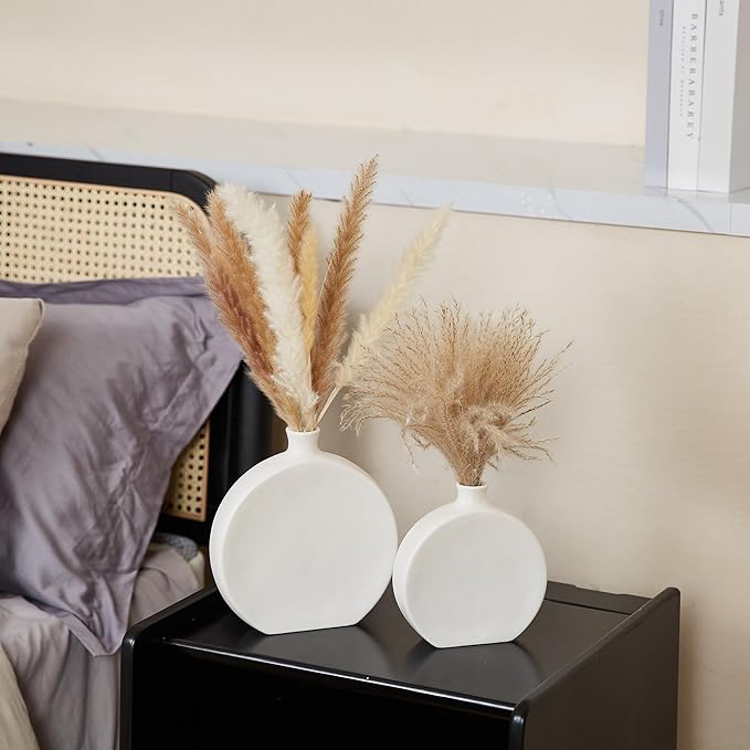 White Ceramic Vase Set of 2, Boho Vase for Decor, Matte Frosted Texture Finish,Modern Rustic Farmhouse Home Decor,Vases for Pampas Grass&Dried Flowers,idea Shelf,Table,Mantel,Entryway