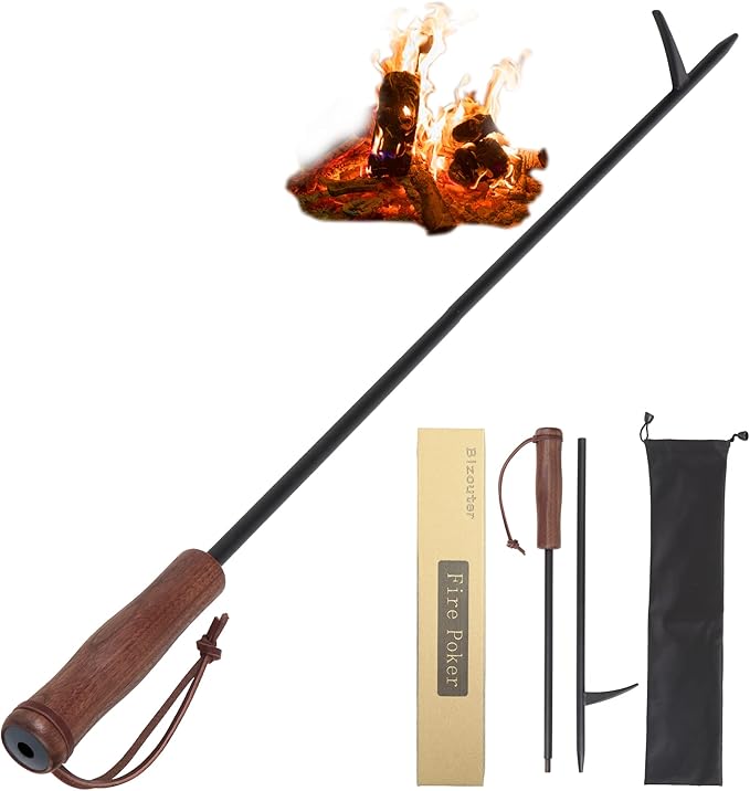 Fire Poker 34inch 2 in 1 Foldable Fire Poker & Blow Stick Fireplace Tool with Wooden Ergonomic Handle, Portable Fire Pit Poker for Campfire,Wood Burning Stove & BBQ