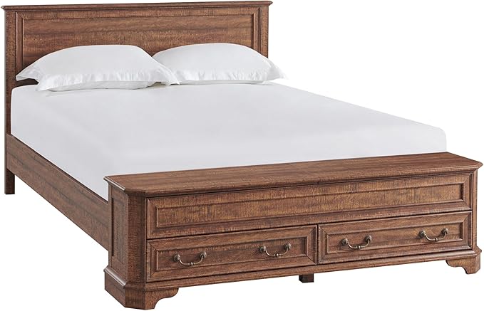 T4TREAM Farmhouse Queen Bed with Headboard and Storage Bench, Rustic Wood Platform Bed with 64" Storage Chest w/ 4 Large Drawer, Dark Brown