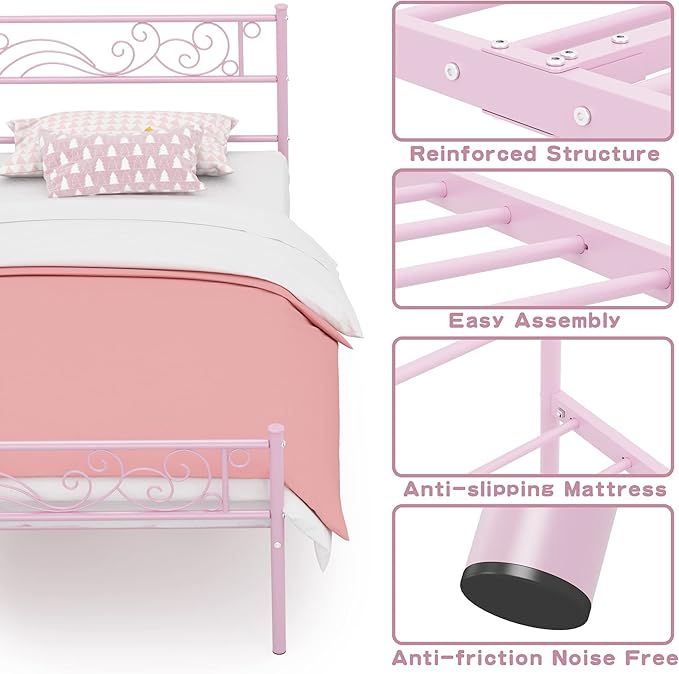 Weehom Metal Bed Frame Twin with Bed Storage,No Box Spring Needed,Heavy Duty Steel Slats Support for Boys Girls Teens Students Adults Pink