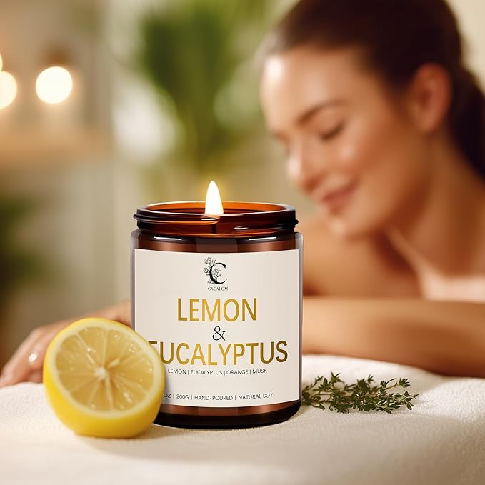 Soy Jar Candle,Premium Natural Soy Wax Blend with Lemon & Eucalyptus,Long-Lasting Aromatherapy Scented Candle for Bedroom & Living Room,7oz Reusable Container with Lid, Birthday Gift for Her Women