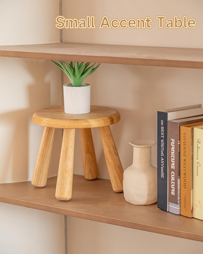 100% Solid Wood Mushroom Step Stool, Small Wooden Stool for Kids & Adults, Plant Stand & Side Table, Compact & Sturdy Footstool for Bathroom, Bedroom, Living Room, Natural (2PCS)