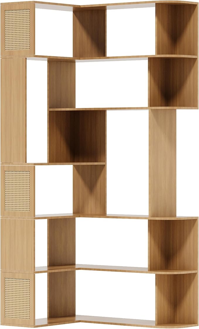 Corner Bookshelf 7-Tier,Farmhouse Corner Shelf,Tall Book Shelf L-Shaped Shelf Display Rack for Bedroom,Large Etagere Bookcase for Home Office Shelves(M-Walnut Wood)