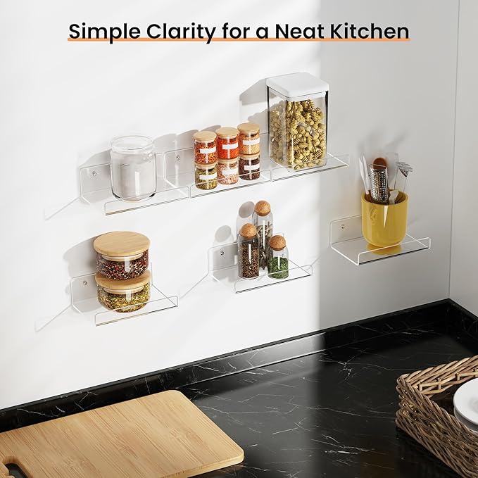 upsimples 6 Pack 6'' x 4'' Acrylic Small Shelves, Floating Shelves for Wall, Display Shelf Organizer for Plants, Speaker, Radio, Toys, Clear