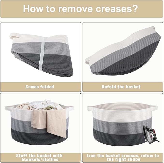 OIAHOMY Extra Large Storage Basket, 23" x 13" Woven Blanket Storage for Living Room, Round Laundry Basket for Pillow-Gardient Dark Grey