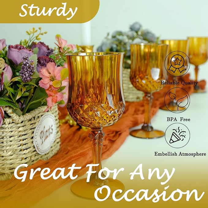Plastic Wine Glasses,Plastic Goblets Vintage Style Cordial Drinking Glasses for Wedding Reception, Grand Event Party Supplies (12, Amber)