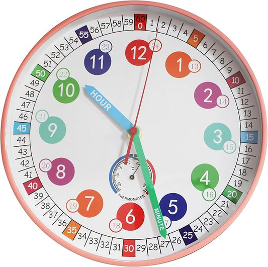 Wall Clocks,10Inch Learning Time Clock, Colorful Clock Face Silent Clocks with Simple Thermometer,Clear Digital Wall Clock (Peach Pink)