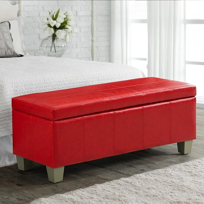 41" Faux Leather Storage Ottoman, Stitch Tufted Rectangle Upholstered End of Bed Storage Bench, Entryway Large Couch Ottoman with Wooden Legs,Red