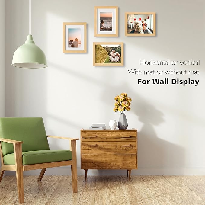 KINLINK 6x8 Picture Frame Natural, Solid Wood Frames with Acrylic Plexiglass for Pictures 4x6 with Mat or 6x8 without Mat, Tabletop and Wall Display Photo Frame, Set of 4