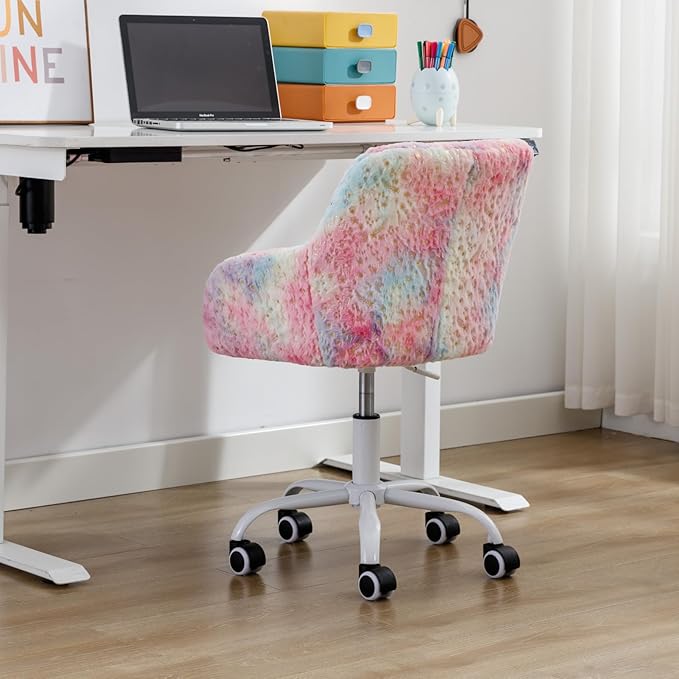 LukeAlon Kids Adjustable Desk Chair, Furry Study Chair with Swivel Base Cute Upholstered Faux Fur Reading Chair with Arms for Girls Children, Colorful