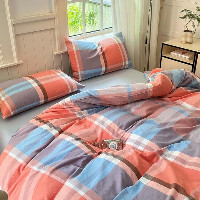 FACE TWO FACE Bedding Duvet Cover Set100% Washed Cotton Duvet Cover Linen Like Textured Breathable Durable Soft Comfy (Full, Time Blue)