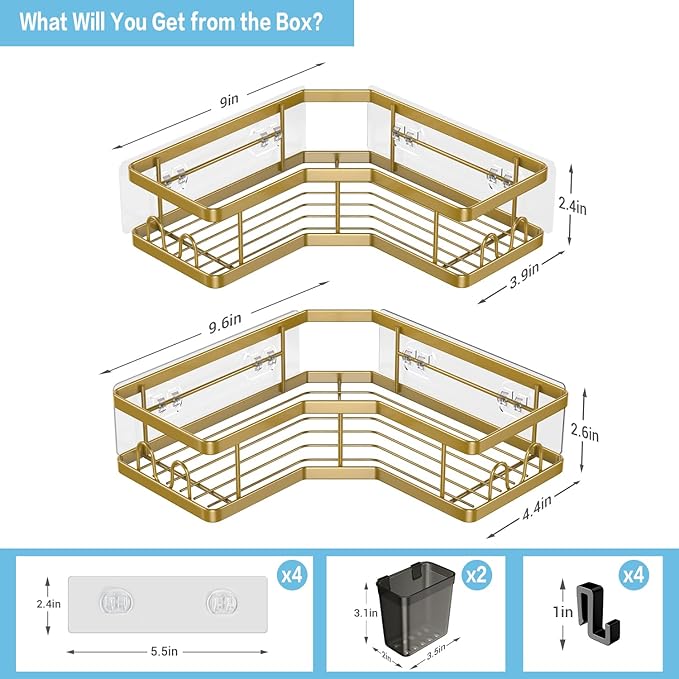Corner Shower Caddy Organizer Shelf 2Pack Adhesive Shower Corner Organizer Shelves, No Drilling Stainless Steel Shower Storage Rack with Hooks&Toothpaste Holder for Bathroom Kitchen