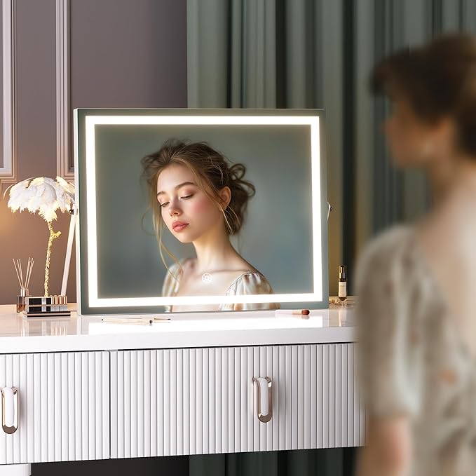 Hasipu Vanity Mirror with Lights and Bluetooth Speaker, 17.7" x 13.8" LED Makeup Mirror with 10X Magnification, Smart Touch 3 Colors Dimmable, Brightness Adjustment, 360ยฐ Rotation, White